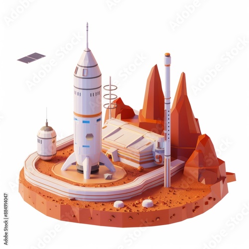 3D Render, Low Poly style of spaceport on a terraformed Mars, on isolated white background, Generative AI