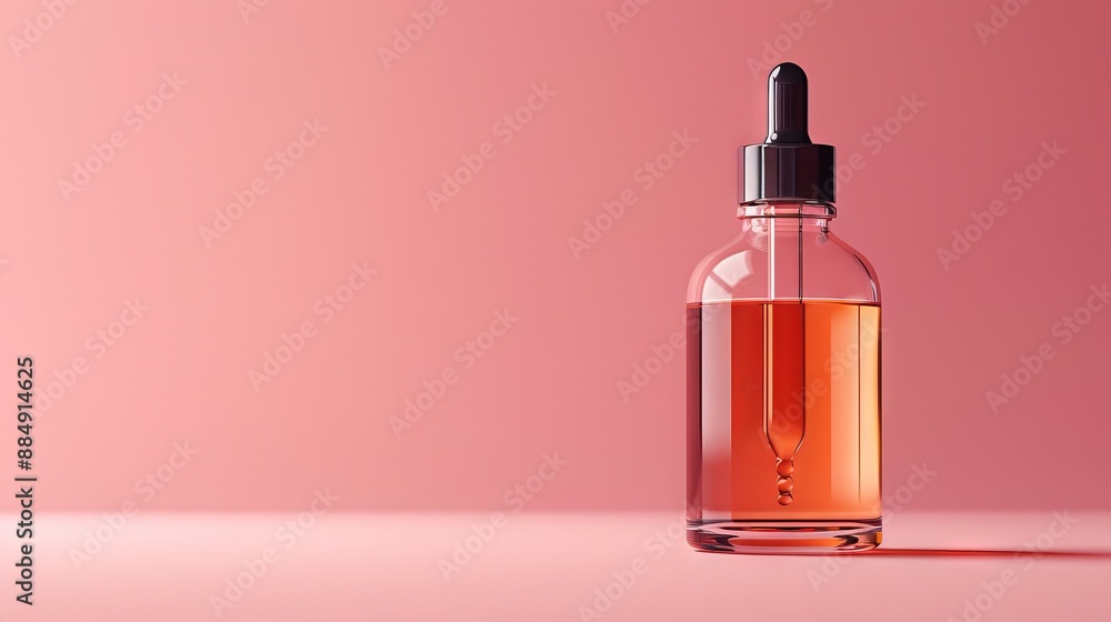 Glass Bottle with Dropper on Pink Background Glass Bottle with Dropper on Pink Background