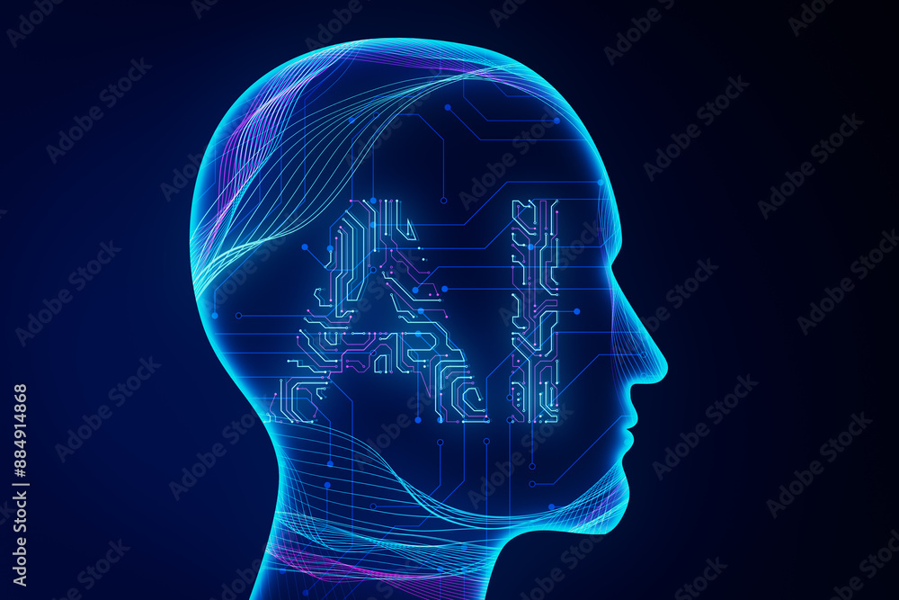 Obraz premium Creative ai head outline on dark background. Artificial intelligence and innovation concept. 3D Rendering.