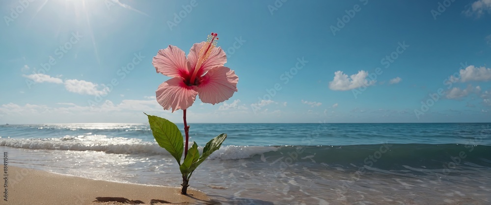 Solitary pink hibiscus bloom stands tall amidst serene ocean waves gently lapping at sandy shores on a warm sunny afternoon with clear blue skies. Solitary pink hibiscus bloom stands tall amidst serene ocean waves gently lapping at sandy shores on a warm sunny afternoon with clear blue skies.