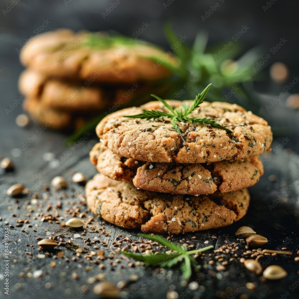 Cookies with hemp on a table, illustrating a cooking concept with cannabis herb in the context of medical and legal marijuana. Cookies with hemp on a table, illustrating a cooking concept with cannabis herb in the context of medical and legal marijuana.
