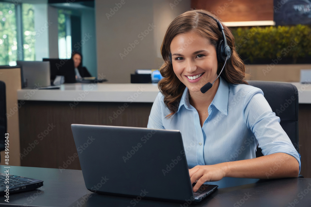 Business people Wearing Telephone Headset Talking To Caller In Customer Services Department Business people Wearing Telephone Headset Talking To Caller In Customer Services Department