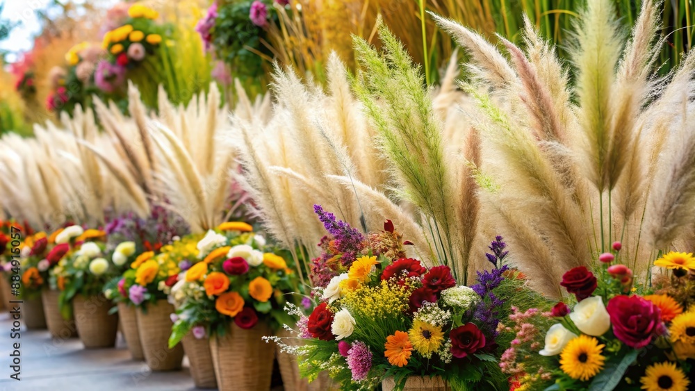Floral Serenade: A Row of Graceful Grasses with Enchanting Flowers in the Spotlight. Floral Serenade: A Row of Graceful Grasses with Enchanting Flowers in the Spotlight.