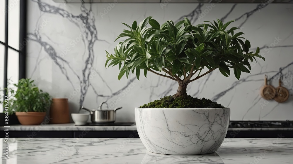 Fototapeta premium Single potted plant on white marble countertop.
