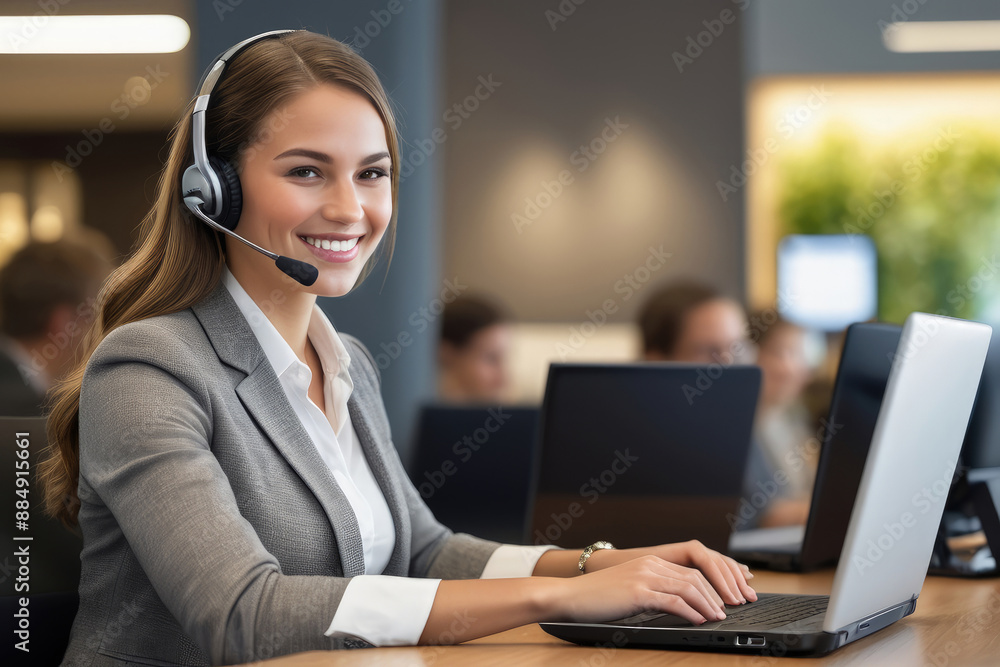 Business people Wearing Telephone Headset Talking To Caller In Customer Services Department