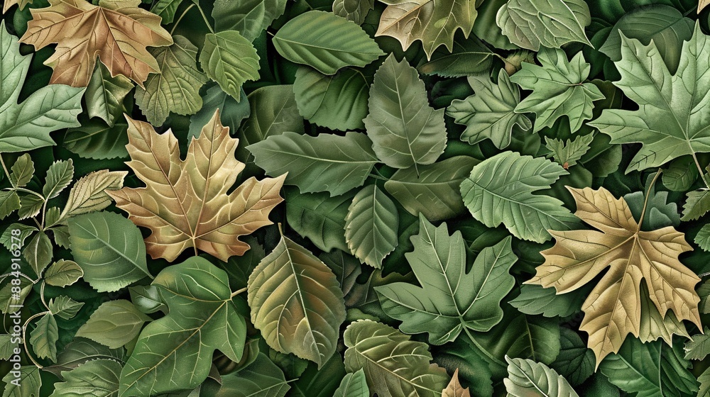 1. A hyper-realistic botanical seamless pattern featuring an array of intricately detailed maple, oak, and birch leaves with lifelike textures. The leaves are rendered in rich green hues, set against 1. A hyper-realistic botanical seamless pattern featuring an array of intricately detailed maple, oak, and birch leaves with lifelike textures. The leaves are rendered in rich green hues, set against