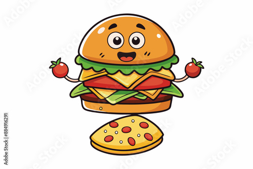 Burger Food With Melted Cheese Floating Cartoon Vector Icon Illustration