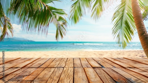 Empty wooden table and palm leaves on sunny beach background during summer day, can be used for product placement. AI generated image © uut