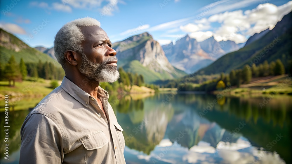 Fototapeta premium Contemplative Elderly African-American Man in Nature. Perfect for: contemplation, outdoor serenity