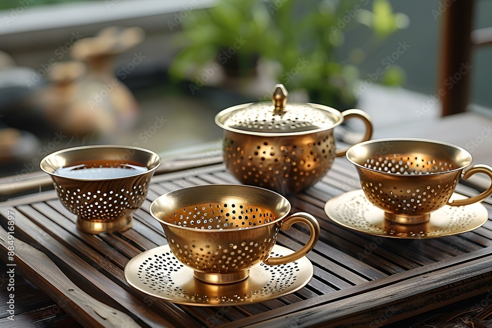 Fototapeta premium A golden tea set on a tray with a teapot.