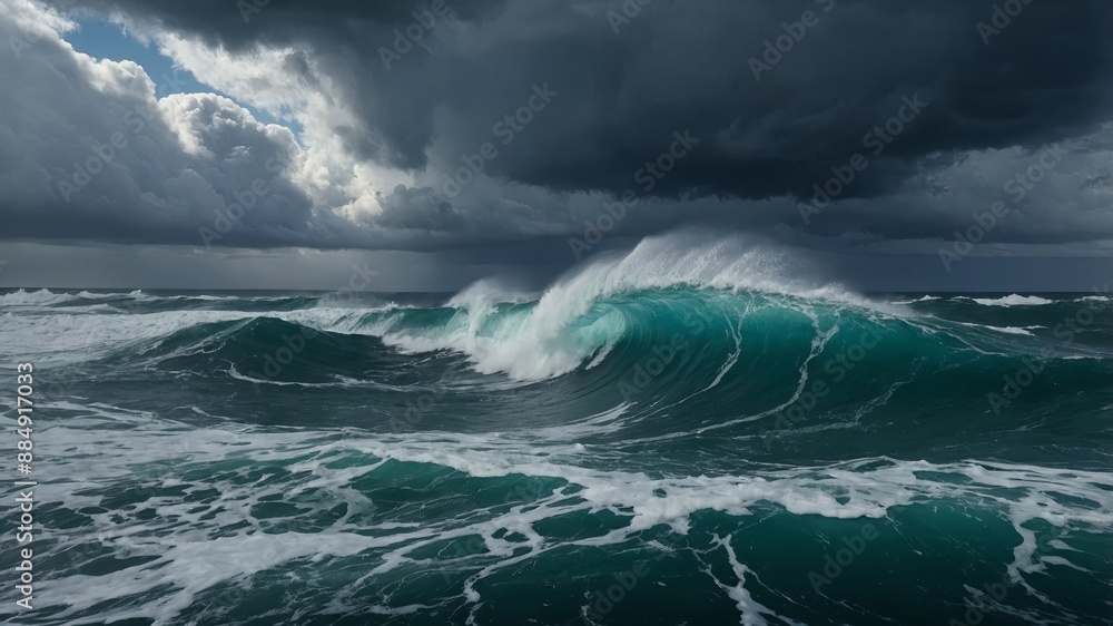 Fototapeta premium The ocean with stormy clouds and churning waves.