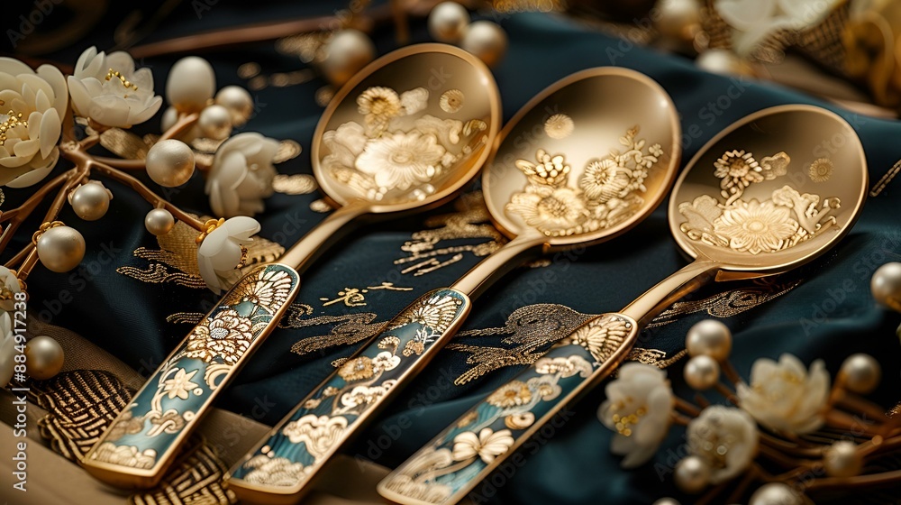 Three elegant gold spoons featuring intricate floral designs. Three elegant gold spoons featuring intricate floral designs.