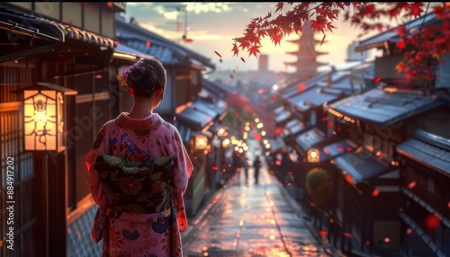 Woman in traditional Japanese kimono standing in a historic district at sunset.