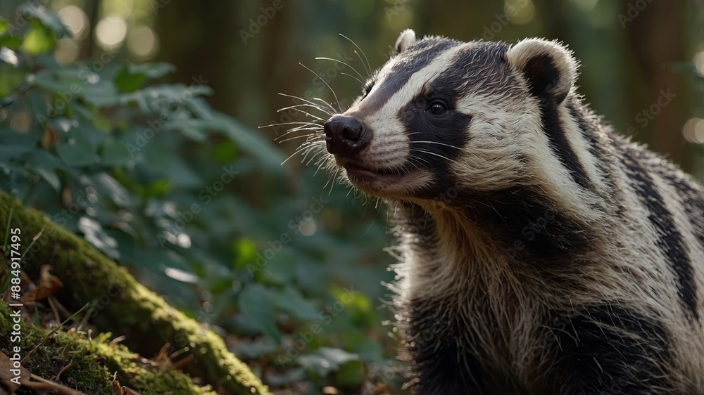 The European badger is searching for food in the forest closeup. The European badger is searching for food in the forest closeup.