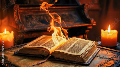 An ancient, worn book with pages aflame, set on an ornate table in a dimly lit room