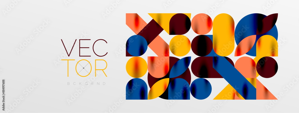 Mosaic geometric elements. Colorful circles, round geometric shapes and lines with shadow 3d effects. Simple forms abstract background for wallpaper, banner, template or landing Mosaic geometric elements. Colorful circles, round geometric shapes and lines with shadow 3d effects. Simple forms abstract background for wallpaper, banner, template or landing