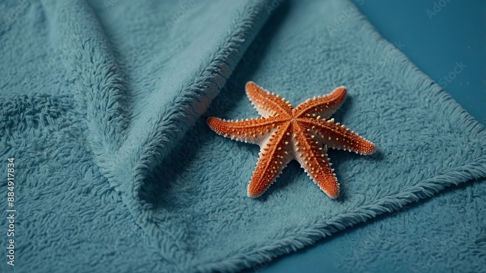 Top view flat lay starfish and towel on blue background. Top view flat lay starfish and towel on blue background.