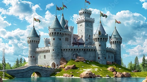 Magical fairytale castle a hill with turrets flags and a drawbridge over a moat with writing space and open area photo