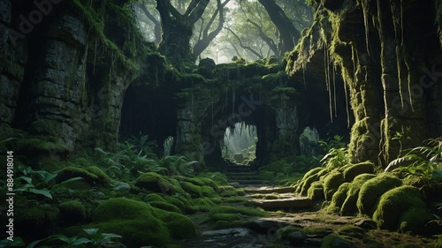 Fototapeta Naklejka Na Ścianę i Meble -  Spooky horror landscape jungle with tall stone walls and mossy surface Elf forest Fantasy forest cave.