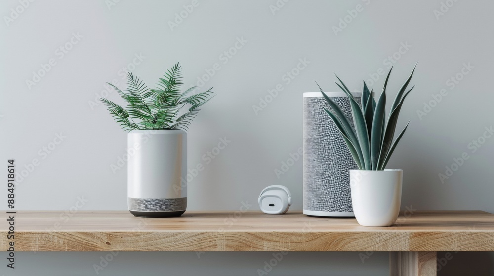 Obraz premium Two Potted Plants on a Wooden Shelf Against a White Wall