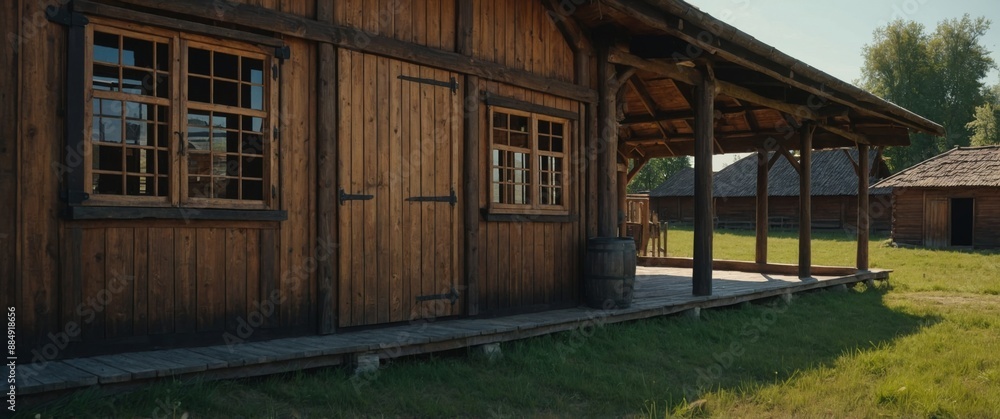 View of wooden stable buildings at summer day. View of wooden stable buildings at summer day.