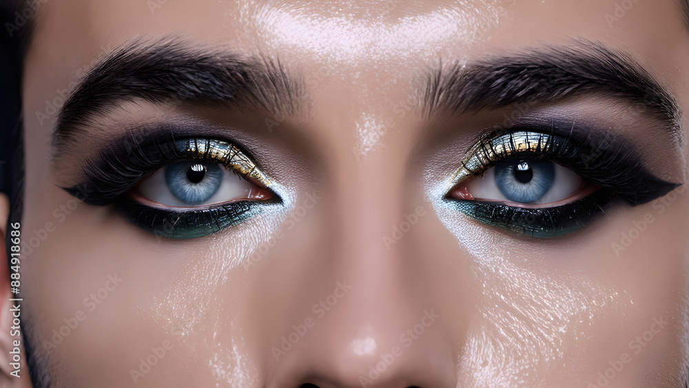 Fototapeta premium Close-up portrait of a beautiful young man with fashion makeup.