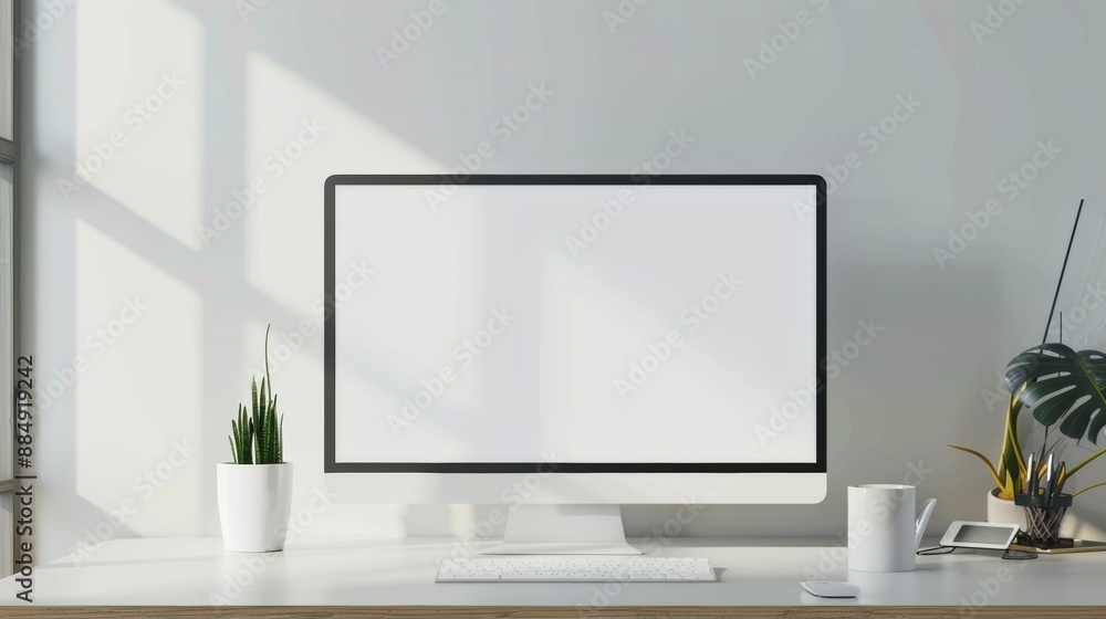 White Desktop Computer With Blank Screen on Modern Desk White Desktop Computer With Blank Screen on Modern Desk