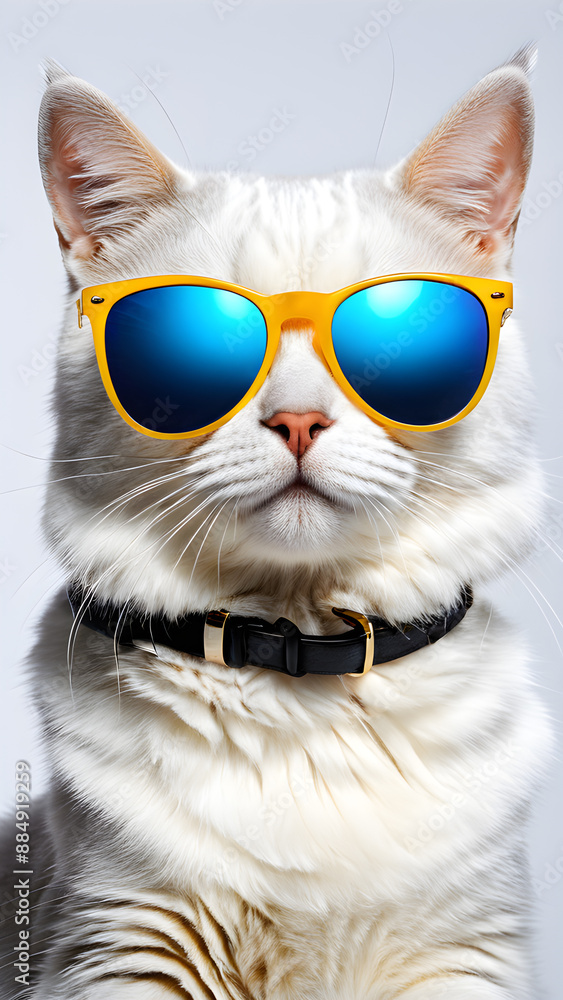 Portrait of a white cat with blue sunglasses on a gray background Portrait of a white cat with blue sunglasses on a gray background