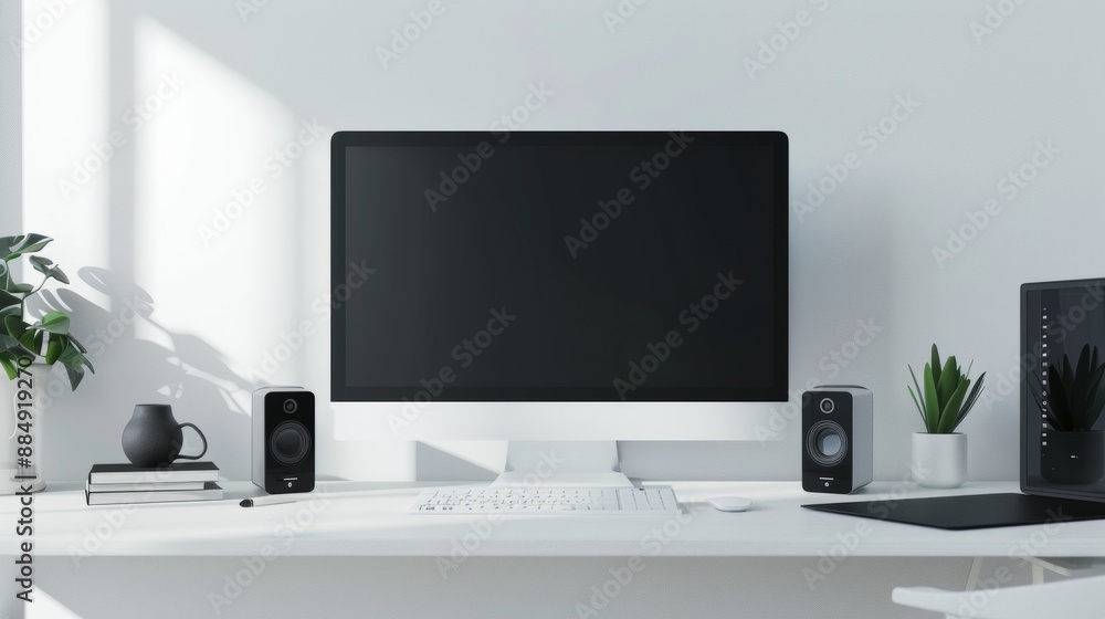 Modern Home Office Desk Setup With Computer Monitor and Speakers Modern Home Office Desk Setup With Computer Monitor and Speakers