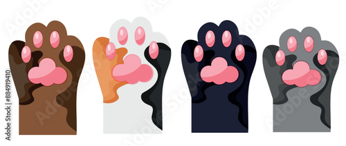 icons with cat paws, namely with the paws of a gray, black, spotted and brown cat, for cat day, for various designs, posters or banners