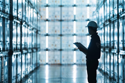 Fototapeta Naklejka Na Ścianę i Meble -  The silhouette of a manager holding a clipboard is visible against a backdrop of organized shipping containers, emphasizing efficient supply chain operations, with ample copy space.