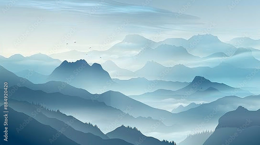 4. Vector landscape with rugged cliffs, gentle hills, and majestic mountains wrapped in a blanket of fog. The use of gradient techniques brings a soft, atmospheric touch to the scene, creating a 4. Vector landscape with rugged cliffs, gentle hills, and majestic mountains wrapped in a blanket of fog. The use of gradient techniques brings a soft, atmospheric touch to the scene, creating a