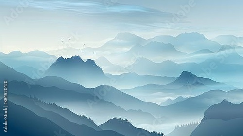 4. Vector landscape with rugged cliffs, gentle hills, and majestic mountains wrapped in a blanket of fog. The use of gradient techniques brings a soft, atmospheric touch to the scene, creating a