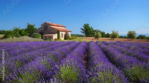 Peaceful lavender field full bloom with rows of purple flowers a rustic farmhouse and a clear blue sky with writing space and open area