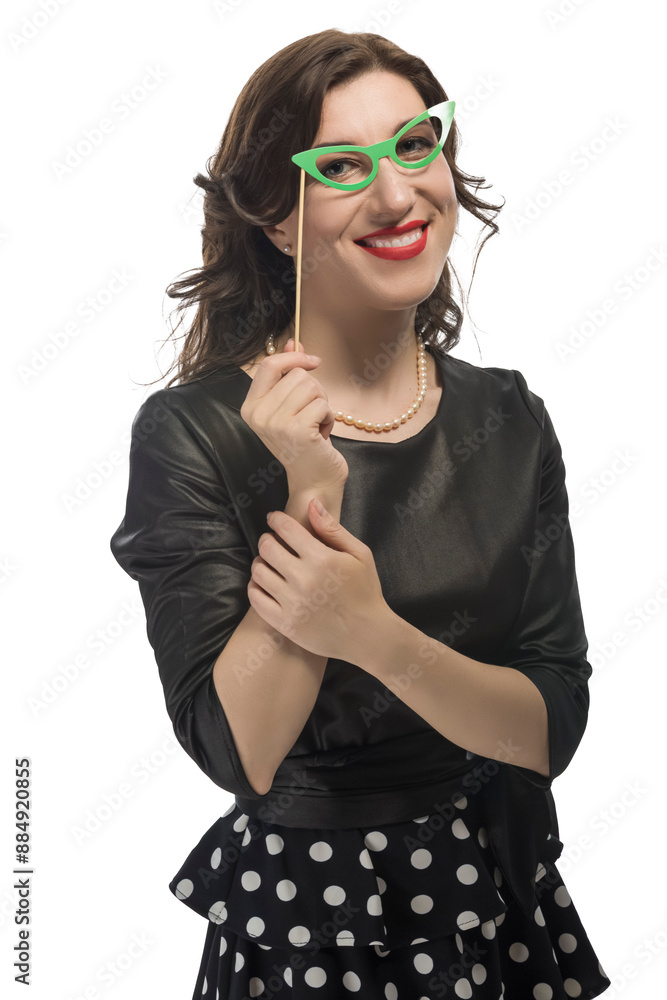 Youth Lifestyle. Portrait of Positive Smiling Caucasian Brunette Woman With Green Artistic Spectacles In Front Of Face Youth Lifestyle. Portrait of Positive Smiling Caucasian Brunette Woman With Green Artistic Spectacles In Front Of Face