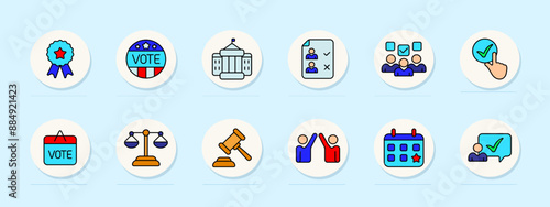 Voting set icon. Badge, voting button, government building, ballot paper, voters, approval mark, campaign board, justice scales, gavel, high-five, calendar, speech bubble, election, democracy, civic.