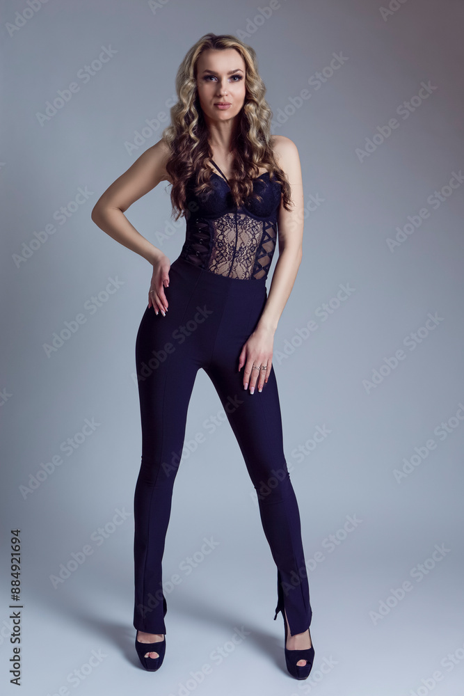 Beauty Ideas. Full Length Portrait of Blond Winsome Sexy Long Hair Alluring Young Caucasian Woman in Sensual Lingerie Posing in Studio. Beauty Ideas. Full Length Portrait of Blond Winsome Sexy Long Hair Alluring Young Caucasian Woman in Sensual Lingerie Posing in Studio.