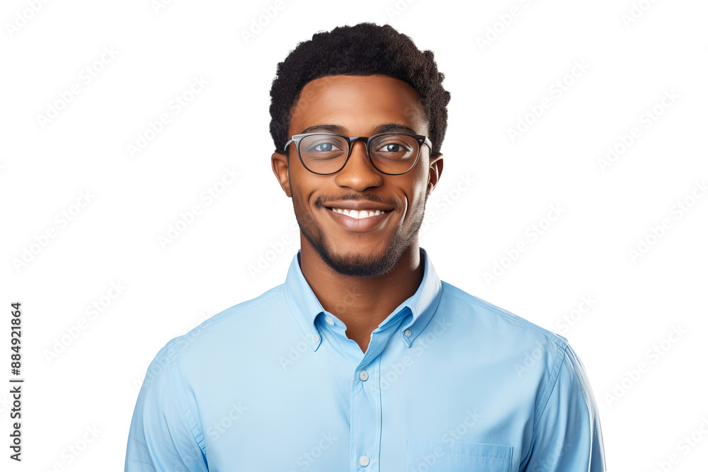Confident African American man with eyeglasses in blue shirt on transparent background for business profiles, diversity projects, and advertising campaigns Confident African American man with eyeglasses in blue shirt on transparent background for business profiles, diversity projects, and advertising campaigns