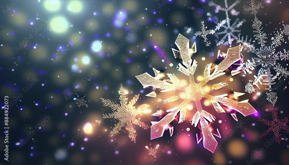 Christmas decoration of closeup snowflake, garland bokeh background, multicolour festive shine. Generative AI