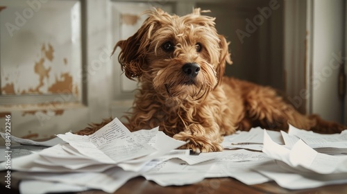 The dog ate my homework: Humorous chaos ensues as a mischievous dog playfully chews on scattered homework papers, a whimsical portrayal of everyday mishaps. photo