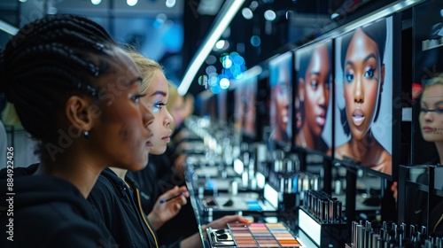 3. An experienced makeup artist hosting a professional beauty masterclass in a well-equipped studio space. The set features multiple makeup stations with illuminated mirrors, each showcasing a