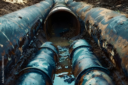 Pipe in the drainage pit. Pumping out sewage from a septic tank. Septic tank