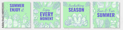 Set os summer beach square card with bright minimalist monochrome seasonal elements and accessories border frame. Summertime concept. For postcard, social media, poster, banner, invitation or flyer