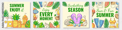 Set of colorful summer beach square card with painted seasonal elements and accessories. Summertime, holiday and vacation concept. For postcard, social media, poster, banner, invitation or flyer