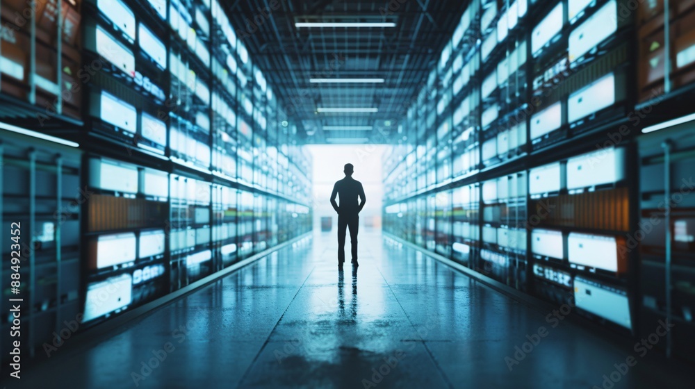A manager's silhouette observes a network of supply chains and shipments on a large digital board, representing efficient logistics tracking. A manager's silhouette observes a network of supply chains and shipments on a large digital board, representing efficient logistics tracking.
