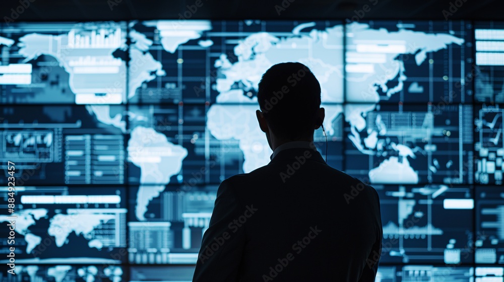 A manager's silhouette observes a network of supply chains and shipments on a large digital board, representing efficient logistics tracking. A manager's silhouette observes a network of supply chains and shipments on a large digital board, representing efficient logistics tracking.