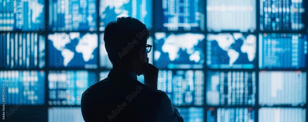 Against a high-tech backdrop, the silhouette of a manager tracks global shipments through a supply chain network. Against a high-tech backdrop, the silhouette of a manager tracks global shipments through a supply chain network.