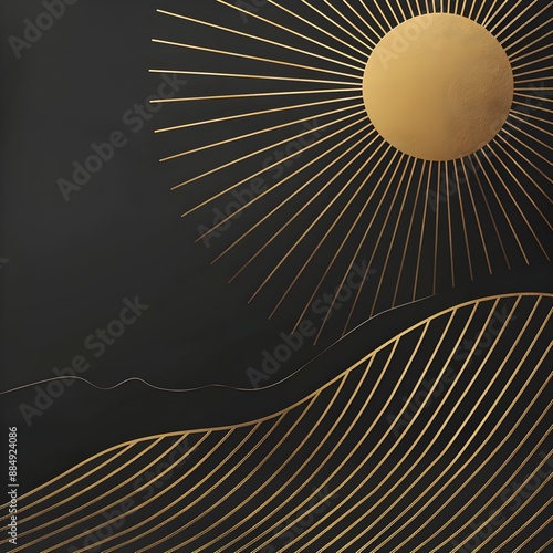 black background, golden line FLAT style,viking pattern, line art paint SUN and mountain , Dark charcoal chalk paint wall paper with gold geometric line pattern3 photo