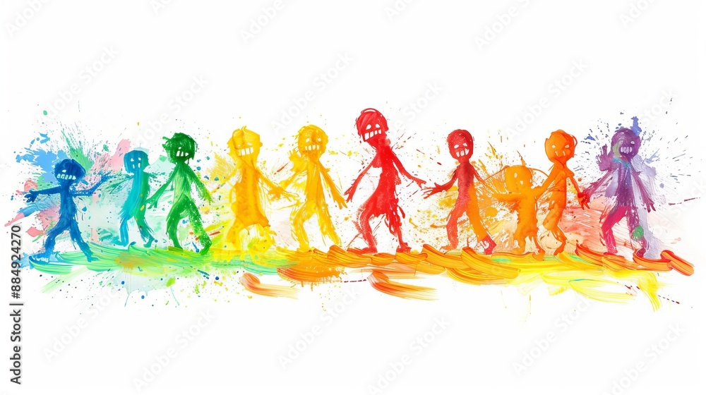 Fototapeta premium Colorful Stick Figures Walking in a Row