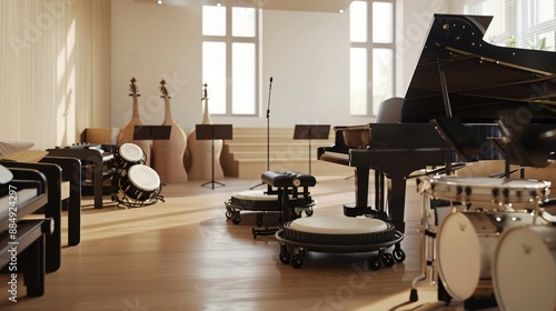 A music room with instruments adapted for various disabilities, including a wheelchair-accessible piano and percussion instruments with large, easy-to-handle beaters.